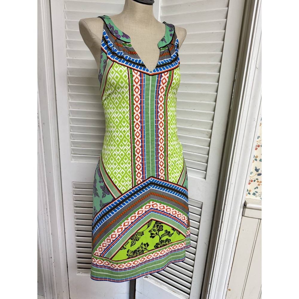 Hale Bob Stretch Dress Lime Green Blue Orange Split V Sleeveless Geometric Large